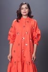 Deepika Arora_Orange 100% Cotton Hand Embroidered Floral Chinese Collar Puff Sleeve Dress _Online_at_Aza_Fashions