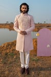 Shop_Runit Gupta_Pink Sherwani Cotton Linen Embroidery Summer Applique Embellished And Kurta Set _at_Aza_Fashions