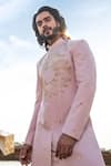 Buy_Runit Gupta_Pink Sherwani Cotton Linen Embroidery Summer Applique Embellished And Kurta Set _Online_at_Aza_Fashions