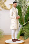 Shop_Runit Gupta_Ivory Sherwani And Kurta Chanderi Silk Reindeer Applique & Set  _at_Aza_Fashions