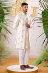 Shop_Runit Gupta_Ivory Sherwani And Kurta Chanderi Silk Reindeer Applique & Set  _Online_at_Aza_Fashions