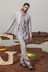 Runit Gupta_Grey Jodhpuri And Kurta Chanderi Silk Embroidery Pearl Lotus Applique Set _Online_at_Aza_Fashions