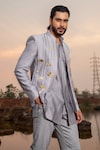 Shop_Runit Gupta_Grey Jodhpuri And Kurta Chanderi Silk Embroidery Pearl Lotus Applique Set _Online_at_Aza_Fashions