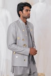 Runit Gupta_Grey Jodhpuri And Kurta Chanderi Silk Embroidery Lotus Applique Set _at_Aza_Fashions