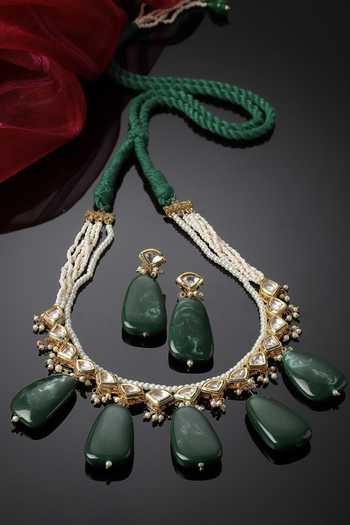 Shop_Dugran By Dugristyle_Multi Color Diamonds, Pearls Layered Embellished Pendant Necklace Set _at_Aza_Fashions