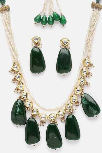 Buy_Dugran By Dugristyle_Multi Color Diamonds, Pearls Layered Embellished Pendant Necklace Set _Online_at_Aza_Fashions