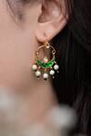 Shop Do Taara Green Pearls, Beads, Stones Kundan Chandbalis With Tear Drop Cut Work at Aza Fashions Shop_Do Taara_Green Pearls, Beads, Stones Kundan Chandbalis With Tear Drop Cut Work_at_Aza_Fashions