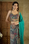 Buy_Mehak Murpana_Green Crepe Printed Abstract V-neck Blossom Blouse Skirt Set _Online_at_Aza_Fashions