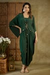 Buy_Mehak Murpana_Green Crepe Embellished Kaftan Top Front Tie Coin Dhoti Pant Set _at_Aza_Fashions