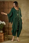 Shop_Mehak Murpana_Green Crepe Embellished Kaftan Top Front Tie Coin Dhoti Pant Set _Online_at_Aza_Fashions