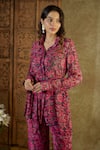 Buy_Mehak Murpana_Pink Georgette Sequins, Embroidery Shawl Neck Geometric Print Shirt With Pant _Online_at_Aza_Fashions
