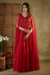 Buy_Mehak Murpana_Red Net Embroidered Sequin V-neck Gown _at_Aza_Fashions