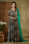 Buy_Mehak Murpana_Green Anarkali Crepe Printed Abstract Floral V Neck With Dupatta _at_Aza_Fashions