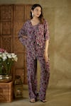 Buy_Mehak Murpana_Purple Crepe Printed Abstract Floral Kaftan V Neck Top Pant Set _at_Aza_Fashions