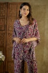 Buy_Mehak Murpana_Purple Crepe Printed Abstract Floral Kaftan V Neck Top Pant Set _Online_at_Aza_Fashions