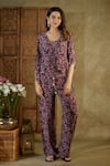 Shop_Mehak Murpana_Purple Crepe Printed Abstract Floral Kaftan V Neck Top Pant Set _Online_at_Aza_Fashions