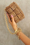 Buy_Stushè_Gold Handwoven Cassette Box Shaped Bag _at_Aza_Fashions