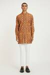 Nautanky_Orange Handwoven Cotton Print Vintage Floral Rust Kurta Set _at_Aza_Fashions