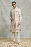 Aariyana Couture_Beige Silk Sequins Vine Embroidered Layered Sherwani Set _Online_at_Aza_Fashions