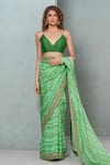 Shop_Rishi & Vibhuti_Green Organza Embroidered Sequin V-neck Fishscale Printed Saree With Blouse_Online_at_Aza_Fashions
