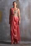 Namrata Joshipura_Coral Shimmer Georgette Embellished Metallic Pre-draped Saree With Blouse _Online_at_Aza_Fashions