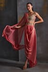 Buy_Namrata Joshipura_Coral Shimmer Georgette Embellished Metallic Pre-draped Saree With Blouse _Online_at_Aza_Fashions