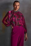 Namrata Joshipura_Magenta Top Crinkled Cupro Silk Printed Floral Round High Neck Willow _at_Aza_Fashions