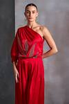 Shop_Namrata Joshipura_Red Satin Embellished Sequin Asymmetric Calathea Top_Online_at_Aza_Fashions
