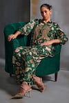 Namrata Joshipura_Green Cupro Satin Embroidery Gold Winter Hazel Print Embellished Shirt With Pant _Online_at_Aza_Fashions