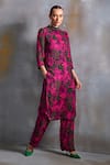 Namrata Joshipura_Pink Crinkled Cupro Silk Print Willow Round Collar Tunic With Pant _Online_at_Aza_Fashions