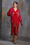 Namrata Joshipura_Red Satin Sequins V-neck Calathea Burst Embellished Draped Dress_Online_at_Aza_Fashions
