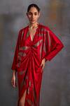 Namrata Joshipura_Red Satin Sequins V-neck Calathea Burst Embellished Draped Dress_at_Aza_Fashions