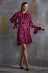 Buy_Namrata Joshipura_Pink Crinkled Cupro Silk Print Willow Shrub Mandarin Collar Angel Sleeves Dress_Online_at_Aza_Fashions