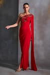 Buy_Namrata Joshipura_Red Jersey Embroidery One Shoulder Plumeria Cut Dana Gown _at_Aza_Fashions