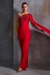 Shop_Namrata Joshipura_Red Jersey Embroidery One Shoulder Plumeria Cut Dana Gown _at_Aza_Fashions