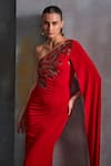 Buy Red Jersey Embroidery Plumeria Cut Dana One Shoulder Gown For Women ...