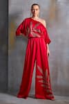 Buy Namrata Joshipura Red Satin Embroidery Sequin One Shoulder Leaf Blade Jumpsuit at Aza Fashions Buy_Namrata Joshipura_Red Satin Embroidery Sequin One Shoulder Leaf Blade Jumpsuit_at_Aza_Fashions