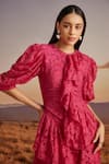 Verb by Pallavi Singhee_Pink Viscose Embellished Work Closed Neck Floral Pattern Tiered Dress _Online_at_Aza_Fashions