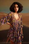 Verb By Pallavi Singhee_Purple Viscose, Chiffon Embroidery, Sequins Floral Print Yoke Ruffle Dress _Online_at_Aza_Fashions
