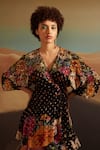 Verb By Pallavi Singhee_Black Lurex, Viscose Sequins V-neck Flora Print Embellished Wrap Dress _Online_at_Aza_Fashions