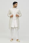 Buy_Aryavir Malhotra_White Silk Self Hand Work Mughal Floral Pattern Jacket With Sherwani Set _at_Aza_Fashions