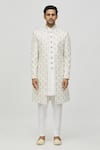 Buy_Aryavir Malhotra_White Silk Self Hand Work Mughal Floral Pattern Jacket With Sherwani Set _Online_at_Aza_Fashions