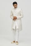 Shop_Aryavir Malhotra_White Silk Self Hand Work Mughal Floral Pattern Jacket With Sherwani Set _at_Aza_Fashions