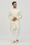 Buy_Aryavir Malhotra_Cream Silk Self Hand Work Floral Pattern Jacket With Sherwani Set _at_Aza_Fashions