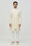 Aryavir Malhotra_Cream Silk Self Hand Work Floral Pattern Jacket With Sherwani Set _Online_at_Aza_Fashions