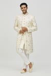 Buy_Aryavir Malhotra_Cream Silk Self Hand Work Floral Pattern Jacket With Sherwani Set _Online_at_Aza_Fashions