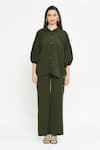 Emblaze_Green Viscose Plain Collar Puff Sleeve Shirt And Pant Co-ord Set _Online_at_Aza_Fashions