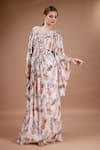 Merge Design_Peach Chiffon Printed Floral V Neck Kaftan _Online_at_Aza_Fashions