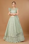 Buy_Merge Design_Green Georgette, Net Pearls, Stones, Sequins Applique Embroidered Lehenga Set _Online_at_Aza_Fashions