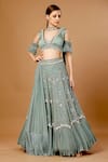 Buy_Merge Design_Green Georgette, Chiffon Pearls, Sequins Plunge Neck Embroidered Lehenga Set _at_Aza_Fashions